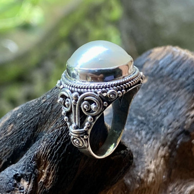 RR 15356 WPL-(HANDMADE 925 BALI SILVER FILIGREE RINGS WITH MABE PEARL)